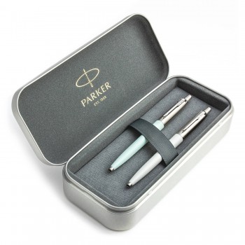 Parker Jotter Originals Pastel Blue ir Pearl Tušinukų dovanų rinkinys su metaliniu dėklu