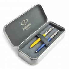 Parker Jotter Originals Yellow ir Blue Tušinukų dovanų rinkinys su metaliniu dėklu